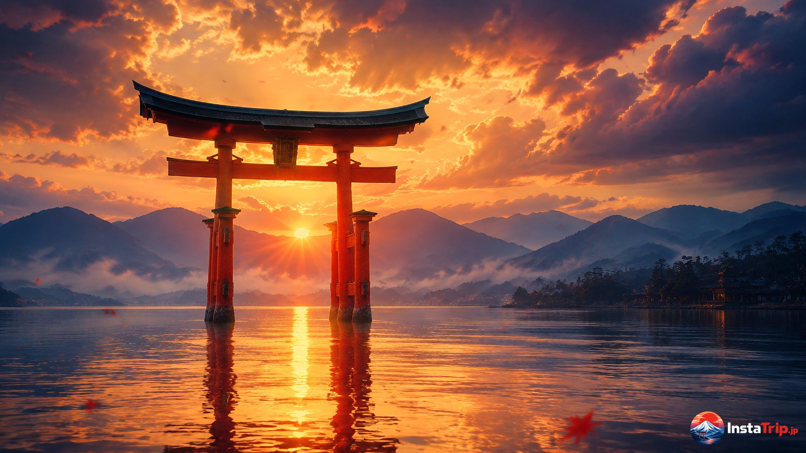 Vermilion torii gate rising from the sea at sunset in Miyajima, Japan