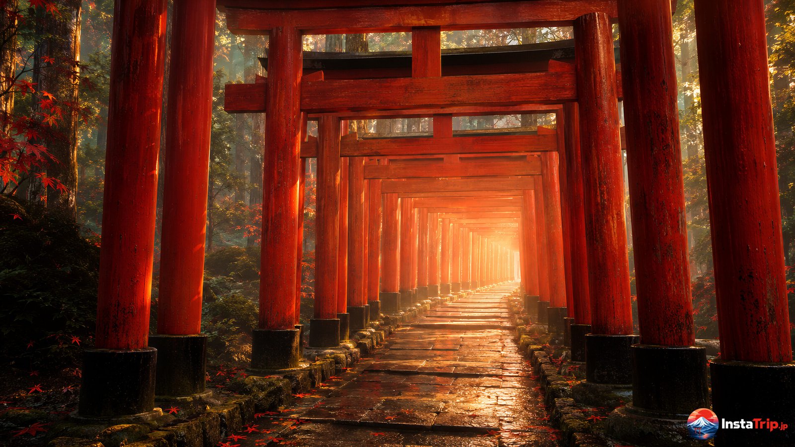 Vermilion torii gate rising from the sea at sunset in Miyajima, Japan